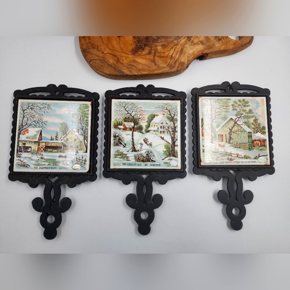 Vintage Tile Trivet Set Cast Iron Frame Made In Japan ENESCO Winter Scenes Set-3